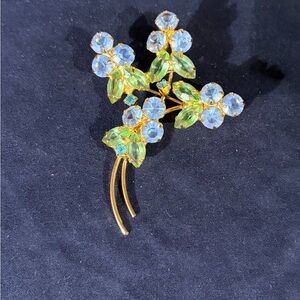 Vintage Gold Tone w Blue and Green Gems Floral Statement Brooch